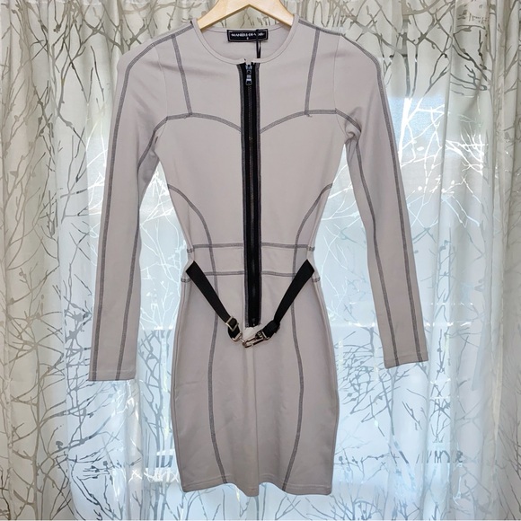 MANIÈRE DE VOIR GRAY BLACK CLIP BUCKLE WAIST BELT LONG SLEEVE BODYCON DRESS - Picture 3 of 9